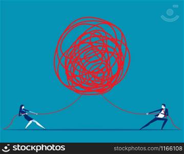 Business people pulling at tangled rope in opposite directions. Concept business vector illustration.