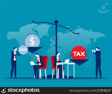 Business people put heavy tax and money weight on huge scale. Financial bankruptcy. Business taxation concept