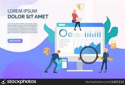 Business people reviewing graphs vector illustration. Planning, teamwork, brainstorm. Marketing concept. Creative design for layouts, web pages, banners. Business people reviewing graphs vector illustration