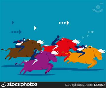 Business people ride bull and competition. Concept business vector illustration. Flat design style.