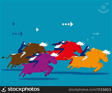 Business people ride bull and competition. Concept business vector illustration. Flat design style.