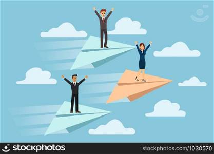 Business people rises up on a paper plane, achieving a goal, the path to success. teamwork. Vector illustration.