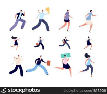 Business people run. Active hurry person, hurried kid student characters. Isolated running office person, runner to work or study vector set. Business people hurry run, winner with cup illustration. Business people run. Active hurry person, hurried kid student characters. Isolated running office person, runner to work or study vector set