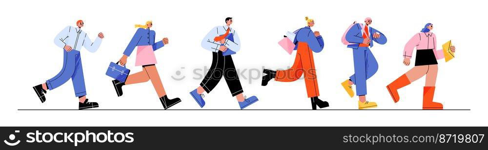 Business people run, late in office, anxious men and women hurry at work due to oversleep or traffic jam. Characters with bags and documents, stress work situation Line art flat vector illustration. Business people run, late in office, oversleep