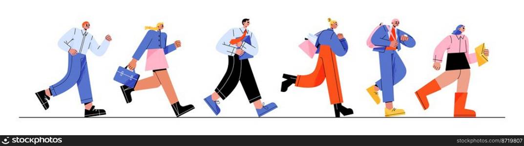Business people run, late in office, anxious men and women hurry at work due to oversleep or traffic jam. Characters with bags and documents, stress work situation Line art flat vector illustration. Business people run, late in office, oversleep