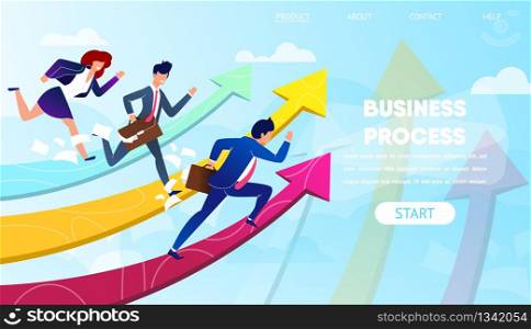 Business People Run on Arrows Growing Up. Business People Competition Process for Gaining Success. Man and Woman Characters Leadership Achievement. Cartoon Flat Vector Illustration. Horizontal Banner.. Business People Run to Success on Growing Arrows.