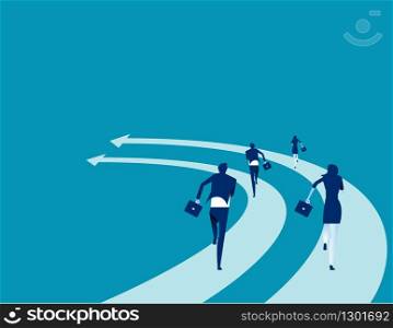 Business people run on the arrows. Concept business competition vector illustration. Flat business cartoon, Speed, Togetherness, Office Team, Back view.