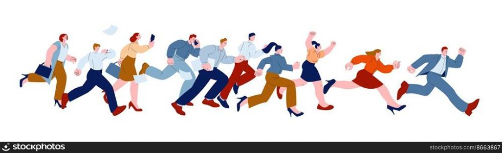 Business people run. Work team competition, man success in job. Person speed challenge, kicky adults in office suits running in group vector concept. Illustration of business team success. Business people run. Work team competition, man success in job. Person speed challenge, kicky adults in office suits running in group vector concept