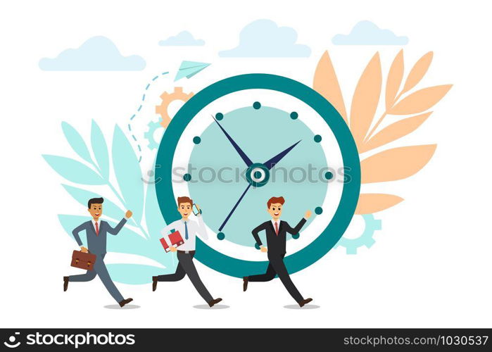 Business people running hurry up in rush hour. Vector illustration.