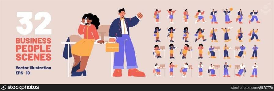Business people scenes set with diverse men and women on workplace with table and computer, walk and run. Office workers with briefcases and phones, vector flat illustration. Business people, office workers scenes set