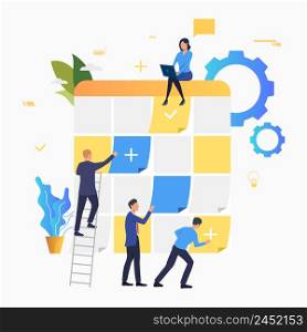 Business people scheduling work tasks. Staff, scheduling, teamwork concept. Vector illustration can be used for topics like business, management, planning. Business people scheduling work tasks