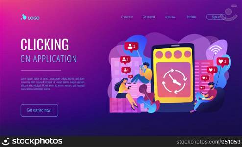 Business people scrolling through newsfeeds, smartphone with clock. Mindlessly scrolling, clicking on applications, social media addiction concept. Website vibrant violet landing web page template.. Mindlessly scrolling concept landing page.