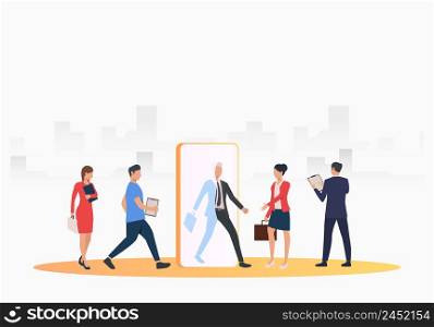 Business people searching for job applicants. HR, headhunting, hiring concept. Vector illustration can be used for topics like business, recruitment, employment. Business people searching for job applicants