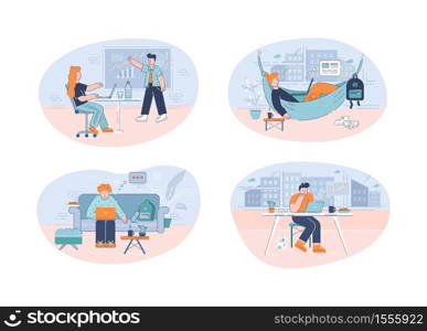 Business people semi flat vector illustration. Company employees working in office and remotely from home. Office coworkers and freelancers 2D cartoon characters pack for commercial use. Business people semi flat vector illustration