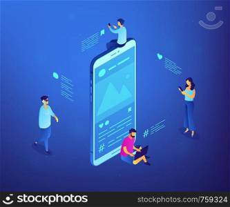 Business people send social media messages with smartphones and laptop. Social media messages, virtual communication, social media feedback concept. Ultraviolet neon vector isometric 3D illustration.. Social media messages isometric 3D concept illustration.