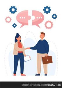 Business people shaking hands flat vector illustration. Man and woman making deal. Speech bubbles in form of jigsaw puzzle above. Cooperation, network, teamwork concept
