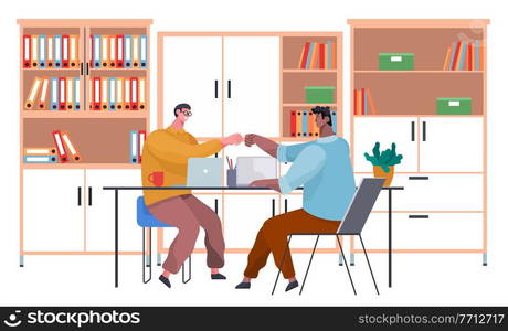 Business people shaking hands, reached agreement. Partnership and cooperation in business, happy businessmen made a good transaction. Partners on deal meeting at a table do handshake in flat design. Business people shaking hands, reached agreement. Partners on deal meeting at a table do handshake