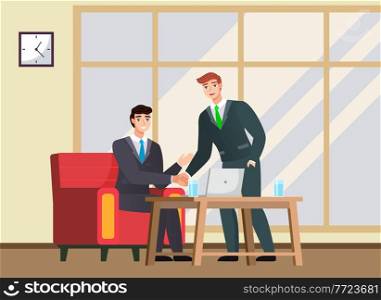 Business people shaking hands, reached agreement. Partnership and cooperation in business, happy businessmen made a good transaction. Partners on deal meeting at a table do handshake in flat design. Business people shaking hands, reached agreement. Partnership and cooperation in business