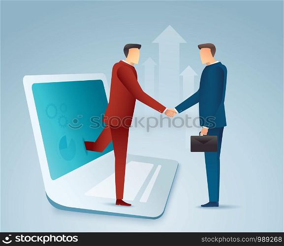 Business people shaking hands through laptop. online deal. vector illustration EPS10
