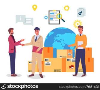 Business people shaking hands, trade cooperation concept. Partnership in business and make a deal, happy businessman shaking hands. Partners on meeting against the background of boxes and a globe. Business people shaking hands, trade cooperation concept. Partnership in business and make a deal