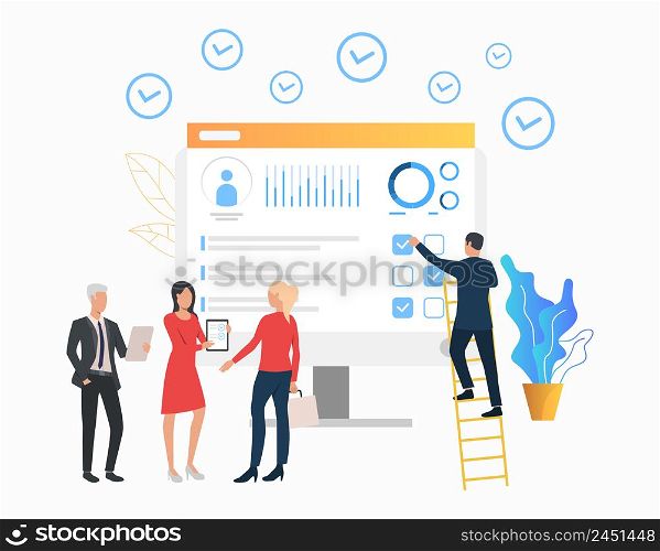 Business people showing document to client. Computer, profile, diagram. Employment concept. Vector illustration can be used for topics like headhunting, human resources, recruitment
