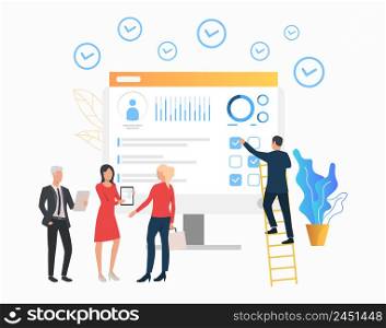 Business people showing document to client. Computer, profile, diagram. Employment concept. Vector illustration can be used for topics like headhunting, human resources, recruitment