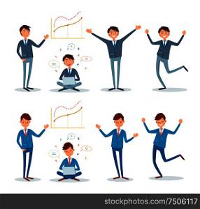 Business people showing presentation working vector. Boss happy of achievement, director chief executive, head of company using gadget to complete job. Business People Showing Presentation and Working
