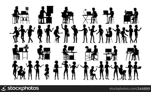 Business People Silhouette Set Vector. Male, Female. Group Outline. Person Shape.Professional Team. Formal Suit. Icon Pose. Social Conference. Leader Businesswomen Leadership Image Illustration. Business People Silhouette Set Vector. Man, Woman. Group Outline. Person Shape. Professional Team. Formal Suit. Male, Female. Black Isolated On White Illustration