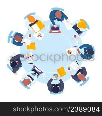 Business people sit at round table top view. Expert meeting. Conference room. Professional opinions. Businessmen exchange ideas. Employees teamwork. Group brainstorming. Office work. Vector concept. Business people sit at round table top view. Expert meeting. Conference room. Professional opinions. Businessmen exchange ideas. Employees teamwork. Group brainstorming. Vector concept