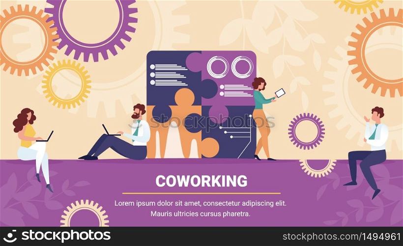 Business People Sitting around Huge Set Up Puzzle Pieces. Businessmen and Businesswomen Perfect Coworking Group Creative Project Working Process Cartoon Flat Vector Illustration Horizontal Banner.. Businessmen and Businesswomen Coworking Group