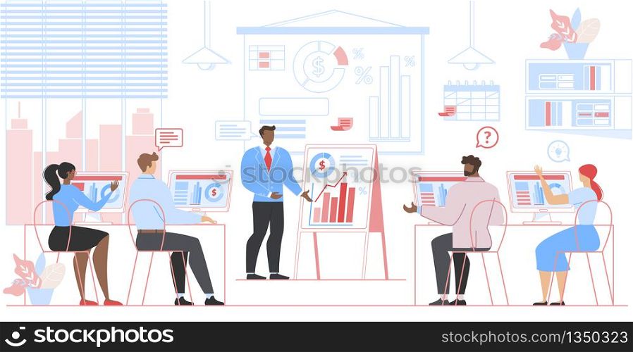 Business People Sitting at Desk with Computers and Listening Successful Trainer. Teaching Instructor Speaking at Flip Chart. Coacher Representing Seminar Education. Cartoon Flat Vector Illustration. Business Coacher Representing Seminar, Education
