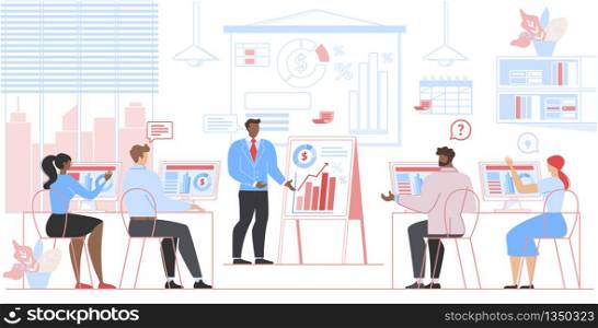 Business People Sitting at Desk with Computers and Listening Successful Trainer. Teaching Instructor Speaking at Flip Chart. Coacher Representing Seminar Education. Cartoon Flat Vector Illustration. Business Coacher Representing Seminar, Education