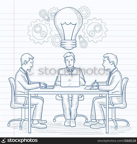 Business people sitting at the table with idea light bulb and brainstorming on business meeting. Hand drawn vector sketch illustration. Notebook paper in line background.. Business team brainstorming.
