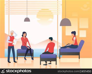 Business people sitting in office lounge. Discussion, session, group therapy. Meeting concept. Vector illustration can be used for topics like business, psychology, corporate