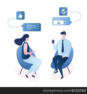 Business people sitting on chairs and talking. Male and female characters in trendy style. Successful negotiations concept. Illustration isolated on white background, vector