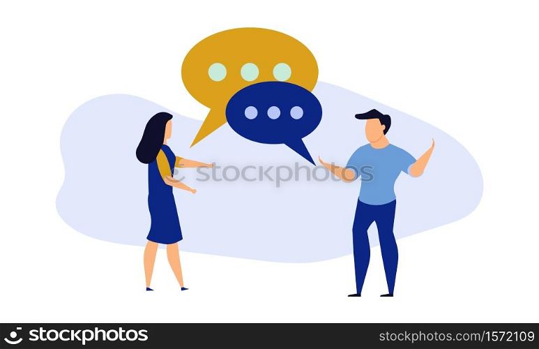 Business people social dialogue man and woman. Speech bubble chat goal discuss person vector illustration character concept cartoon. Communication talk background. Group connection language banner