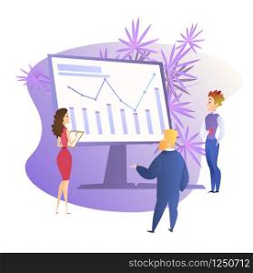 Business People Stand Around Huge Computer Monitor With Growing Analitics Graph. Analysing Big Financial Data and Growth Chart. Business Strategy Flat Vector Illustration. Office Team Work Together.. People Around Huge Monitor With Growing Graph.