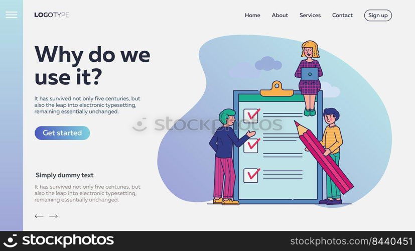 Business people standing at clipboard with checklist flat vector illustration. Filling check boxes with marks by pencil. Online survey, scheduling and voting concept.