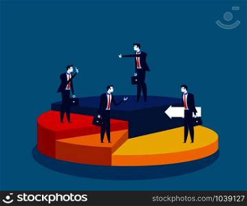 Business people standing of different directions on a pie chart. Concept business vector illustration.