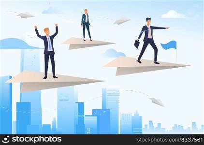 Business people standing on paper planes. Flight, city, career, success. Leadership concept. Vector illustration for topics like business, development, success