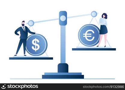 Business people standing on scales with dollar coin and euro coin, currency stock market concept,male and female characters in trendy style,exchange market, vector illustration.