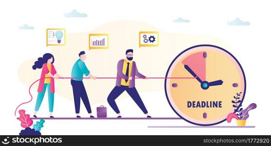 Business people stop time using rope. Big watch, deadline concept. Employees fail and don&rsquo;t finish project. Teamwork, business problems. Time management banner. Trendy flat vector illustration. Business people stop time using rope. Big watch, deadline concept. Employees fail and don&rsquo;t finish project. Teamwork, business problems.