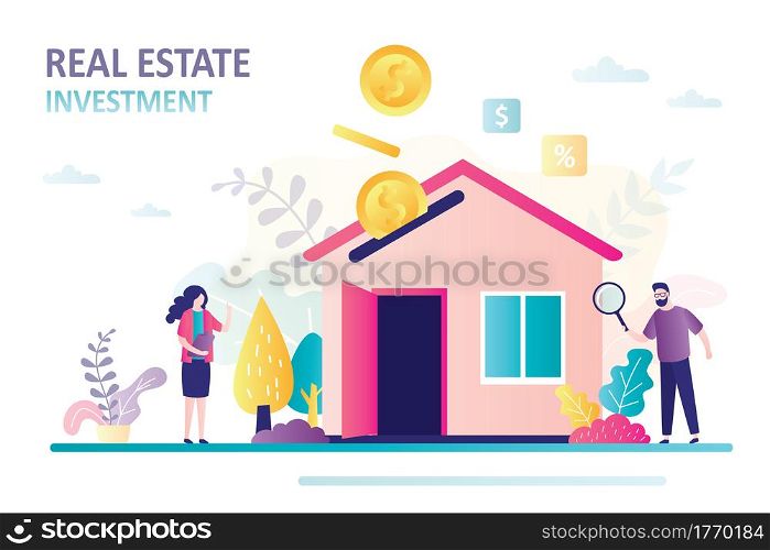 Business people studies real estate market. Gold coins falling into house. Money investment in property. Rental income concept. Mortgage, house loan, and banking. Trendy flat vector illustration. Business people studies real estate market. Gold coins falling into house. Money investment in property. Rental income concept.
