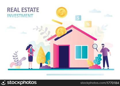 Business people studies real estate market. Gold coins falling into house. Money investment in property. Rental income concept. Mortgage, house loan, and banking. Trendy flat vector illustration. Business people studies real estate market. Gold coins falling into house. Money investment in property. Rental income concept.