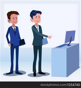 Business people talk about stock market and investment Illustration vector On cartoons style Board view background