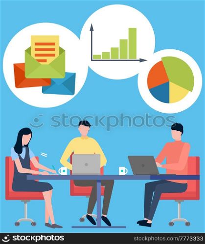 Business people talking and working at computers in office. Staff around table with laptop, tablet pc. Business meeting concept with statistical icons. Brainstorming process, teamwork man and woman. Business people talking and working at computers in office. Staff around table with laptop tablet pc