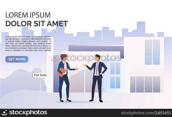 Business people talking, building and sample text. House, realtor, property concept. Presentation slide template. Vector illustration can be used for topics like business, architecture, real estate
