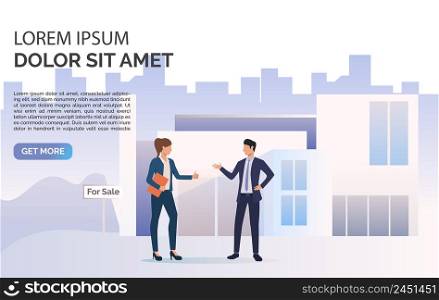 Business people talking, building and sample text. House, realtor, property concept. Presentation slide template. Vector illustration can be used for topics like business, architecture, real estate