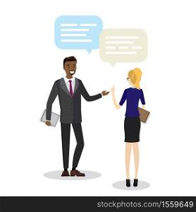 Business people talking ,businessman in front and business woman in back view,isolated on white background,flat vector illustration. Business people talking