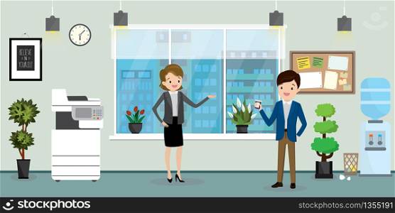 Business people talking in modern office,interior with furniture and plants,break time,flat vector illustration